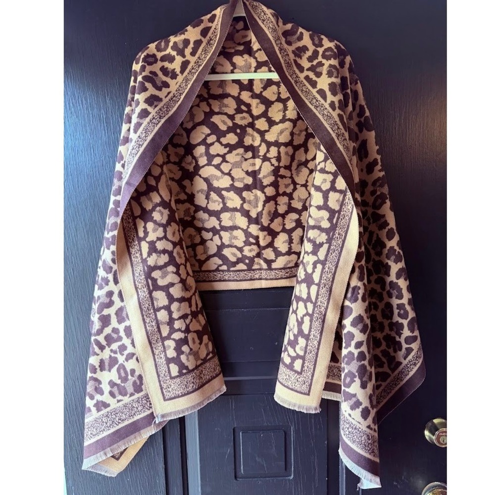 Leopard Print Viscose Shawl Blanket Scarf Brown Tan Animal Print Wrap Fringe